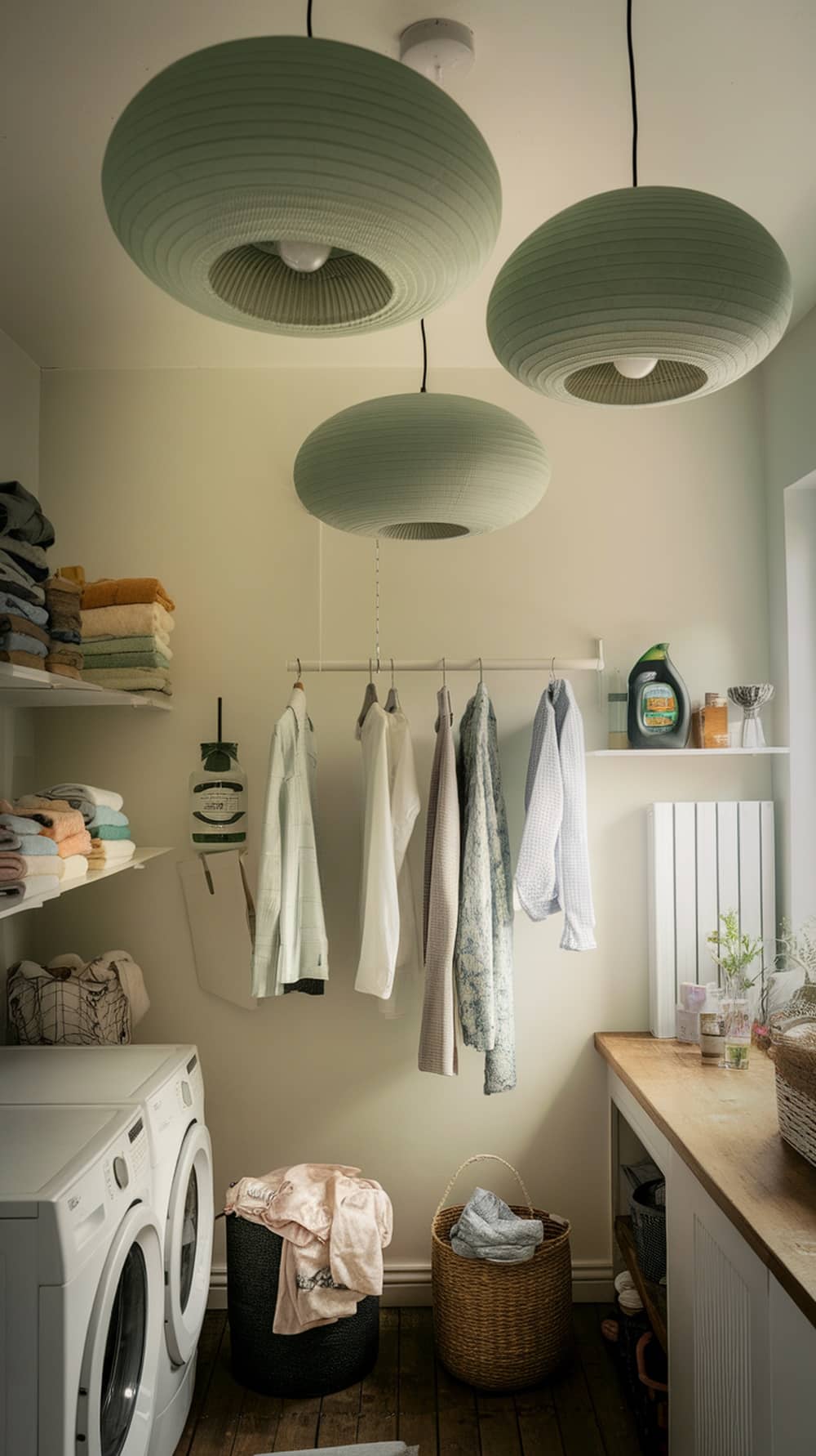 Sage green lighting fixtures hanging in a laundry room