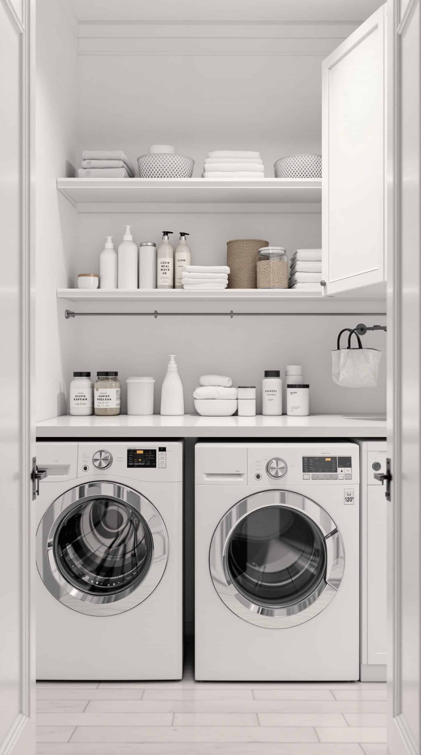 A minimalist laundry room featuring open shelving with neatly arranged towels and containers above modern washing machines.