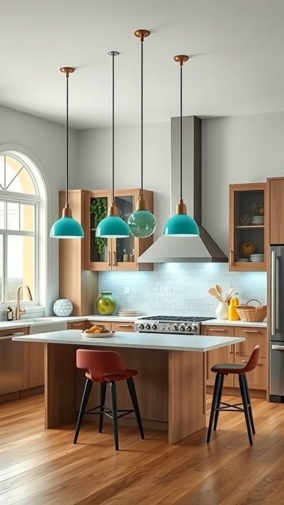 A modern kitchen featuring mint-colored pendant lights above a kitchen island with wooden cabinets and flooring.