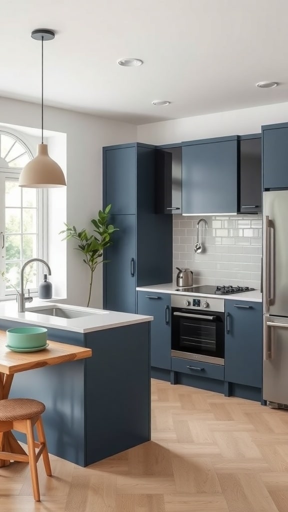 A modern kitchen featuring slate blue cabinets, neutral tones, and light wood flooring.