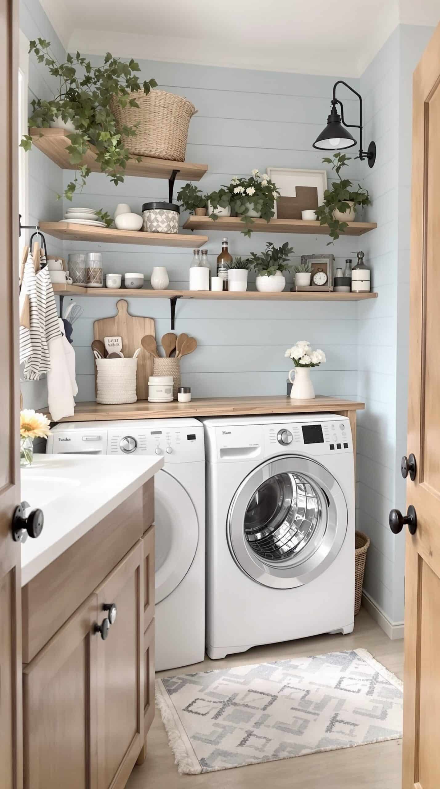 A rustic light blue laundry room featuring wooden shelves, plants, and white appliances.