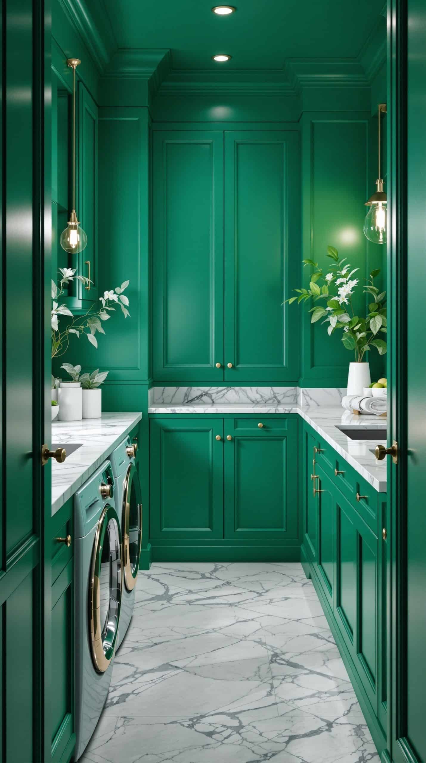 Emerald green laundry room with chic marble countertops and plants