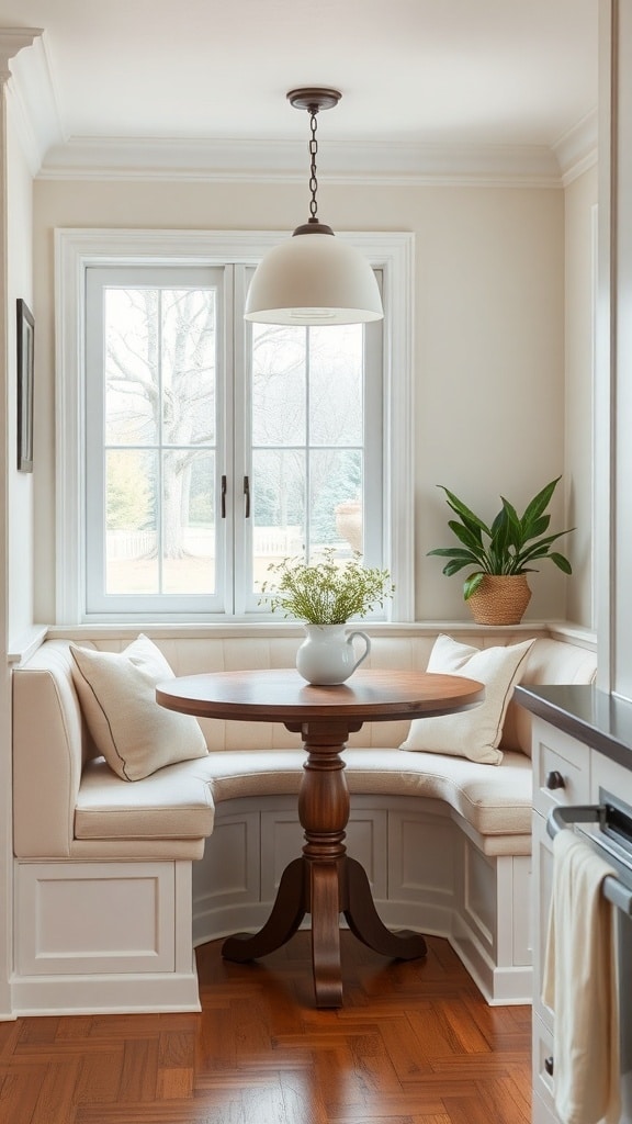 Cozy breakfast nook with cream upholstery, round wooden table, and large windows