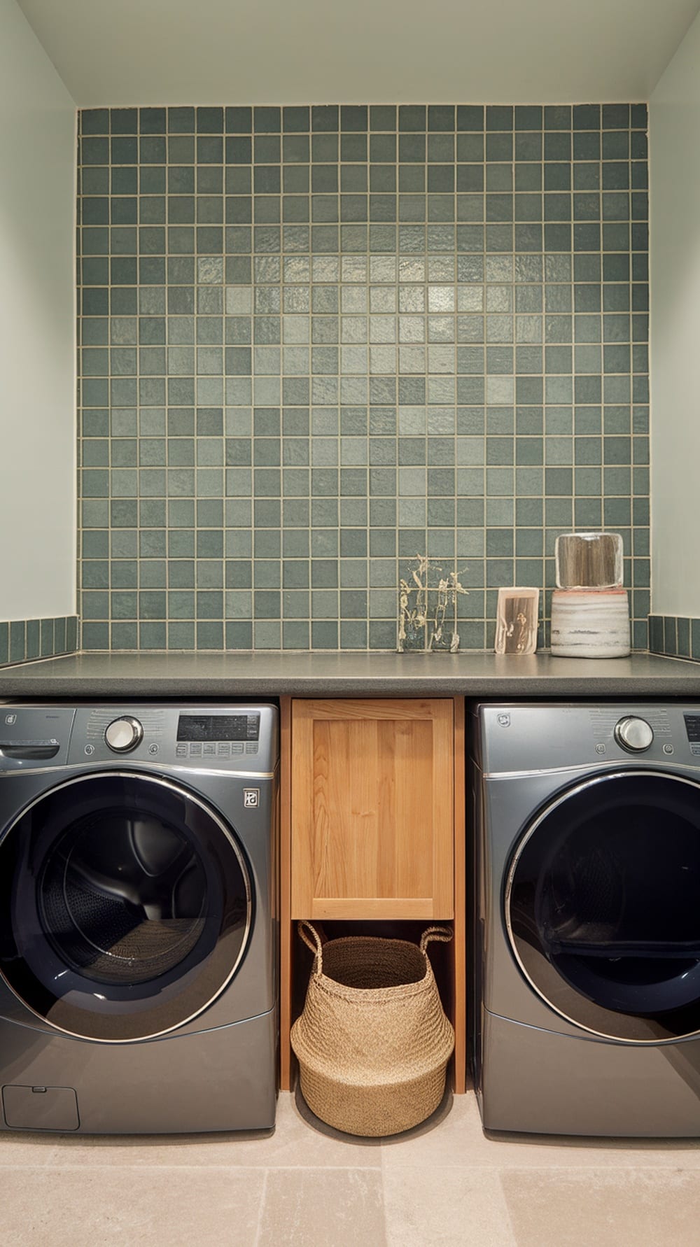 A stylish laundry room featuring a sage green backsplash with square tiles, modern appliances, and decorative elements.