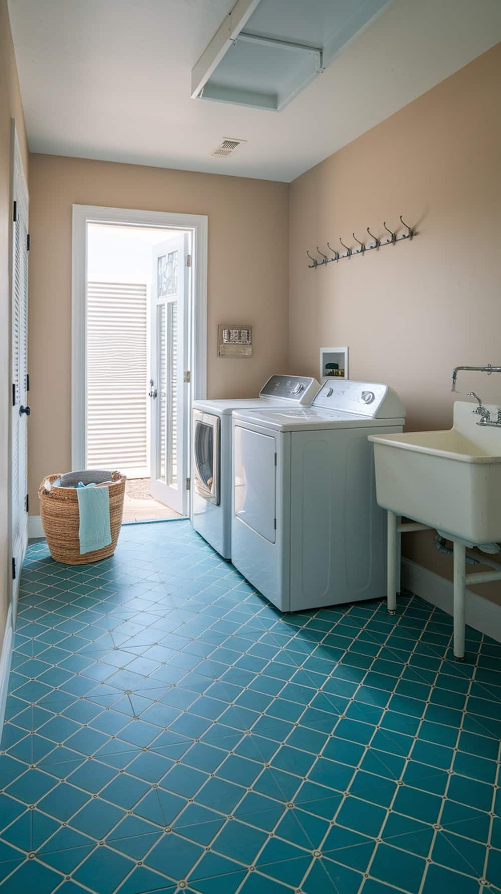 A laundry room with teal and white geometric tiles on the floor, modern appliances, and a woven basket.