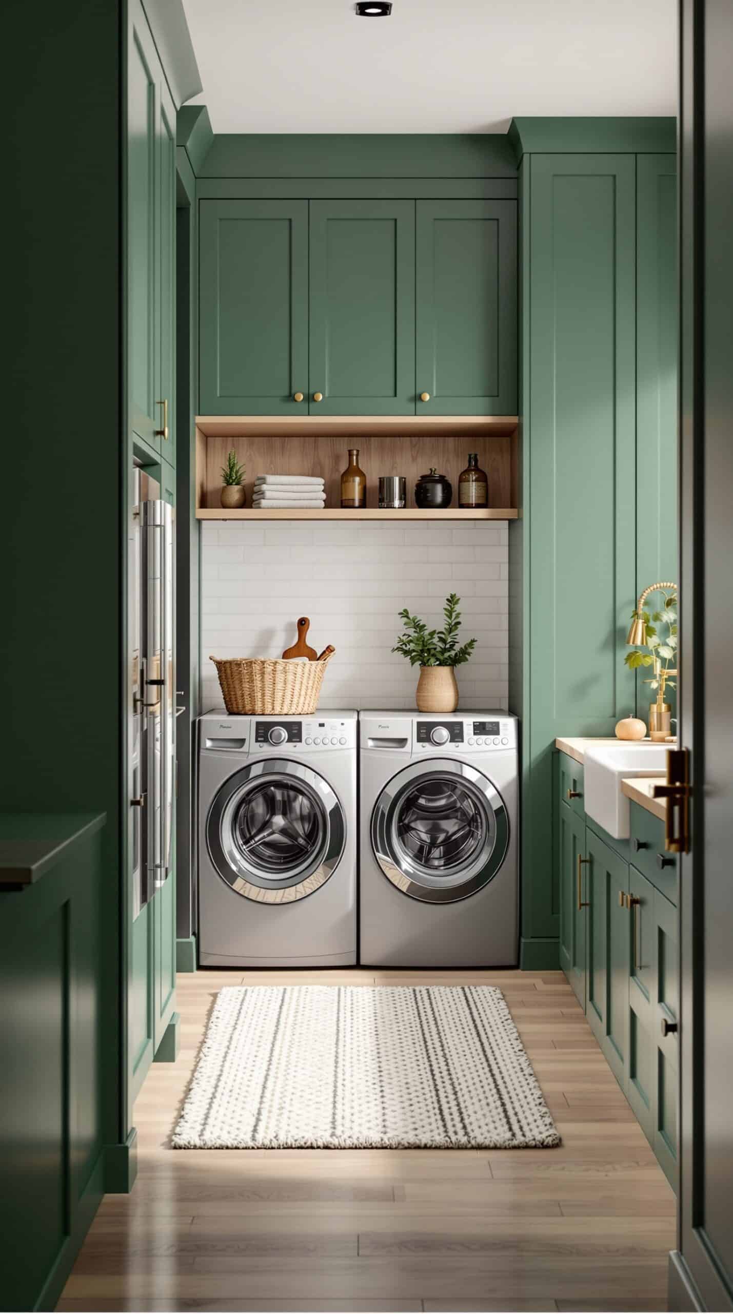 A stylish laundry room featuring green cabinetry, natural wood shelves, and modern appliances.