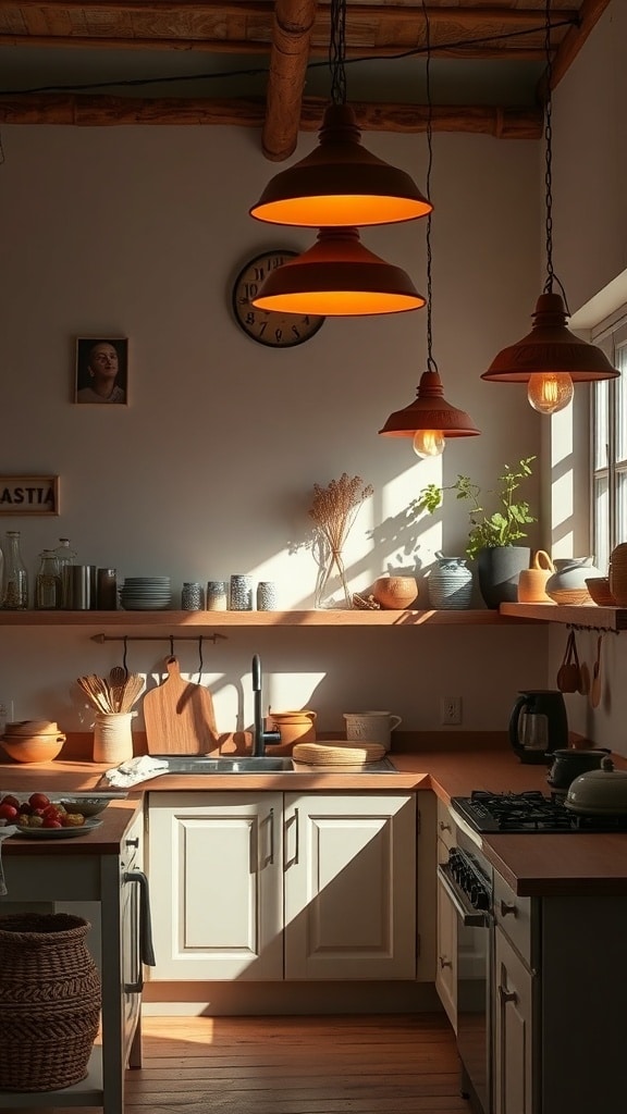 A cozy kitchen featuring terracotta pendant lights, wooden shelves, and natural decor.