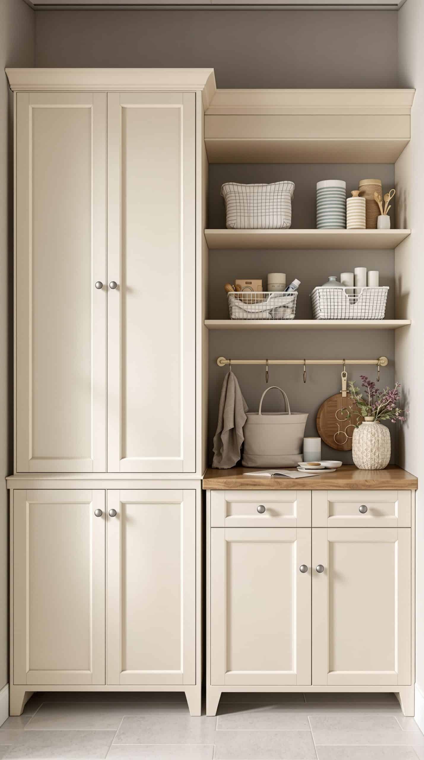 A stylish laundry room with cream cabinets, open shelves, and a wooden countertop.