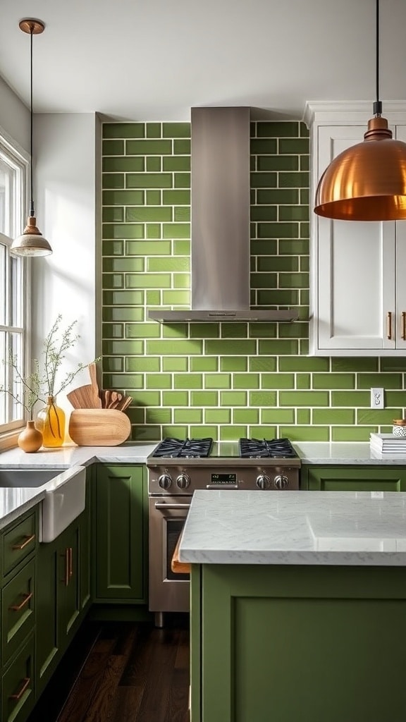 A modern kitchen featuring a bold olive green backsplash with glossy tiles, white cabinetry, and copper pendant lights.