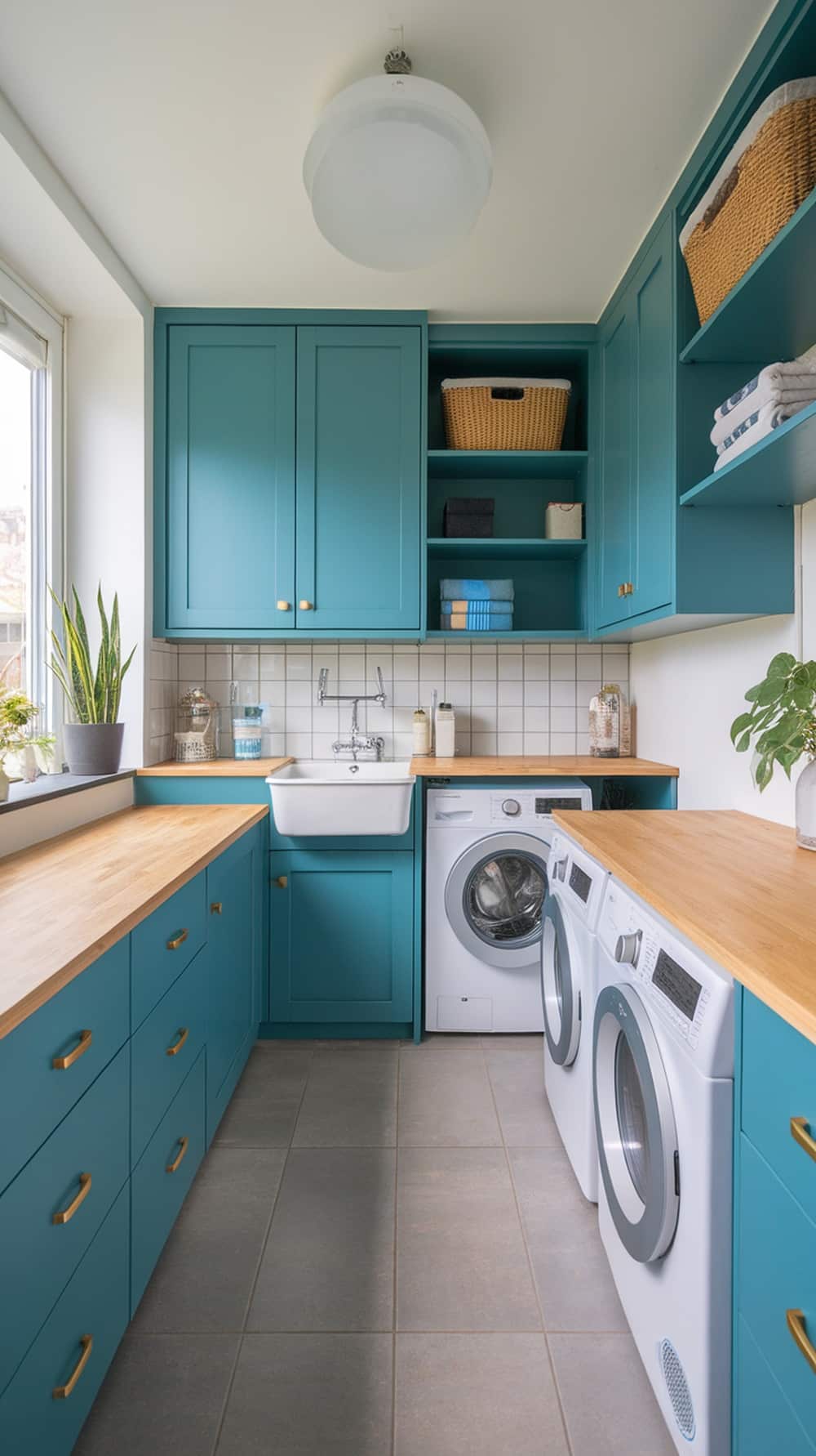 A bright slate blue laundry room with natural wood countertops and open shelving.