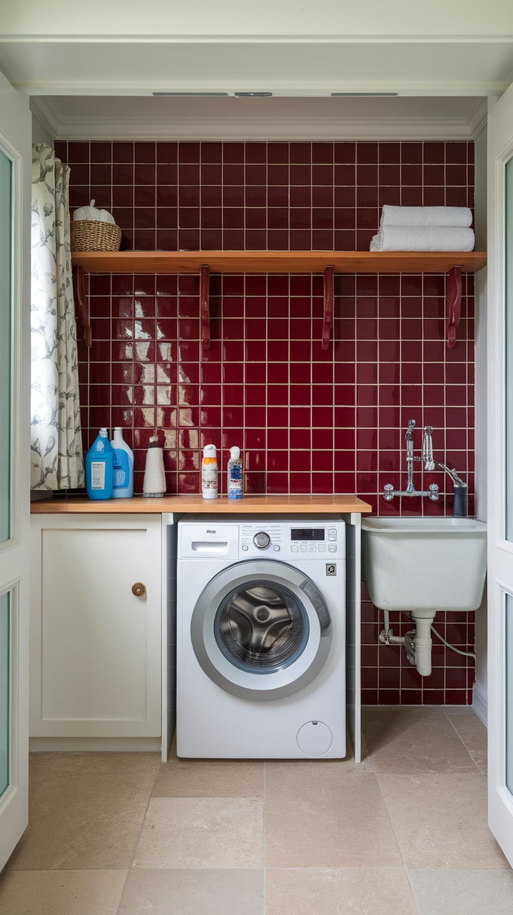 Laundry room with bold red tile backsplash, white washing machine, and wooden countertop.