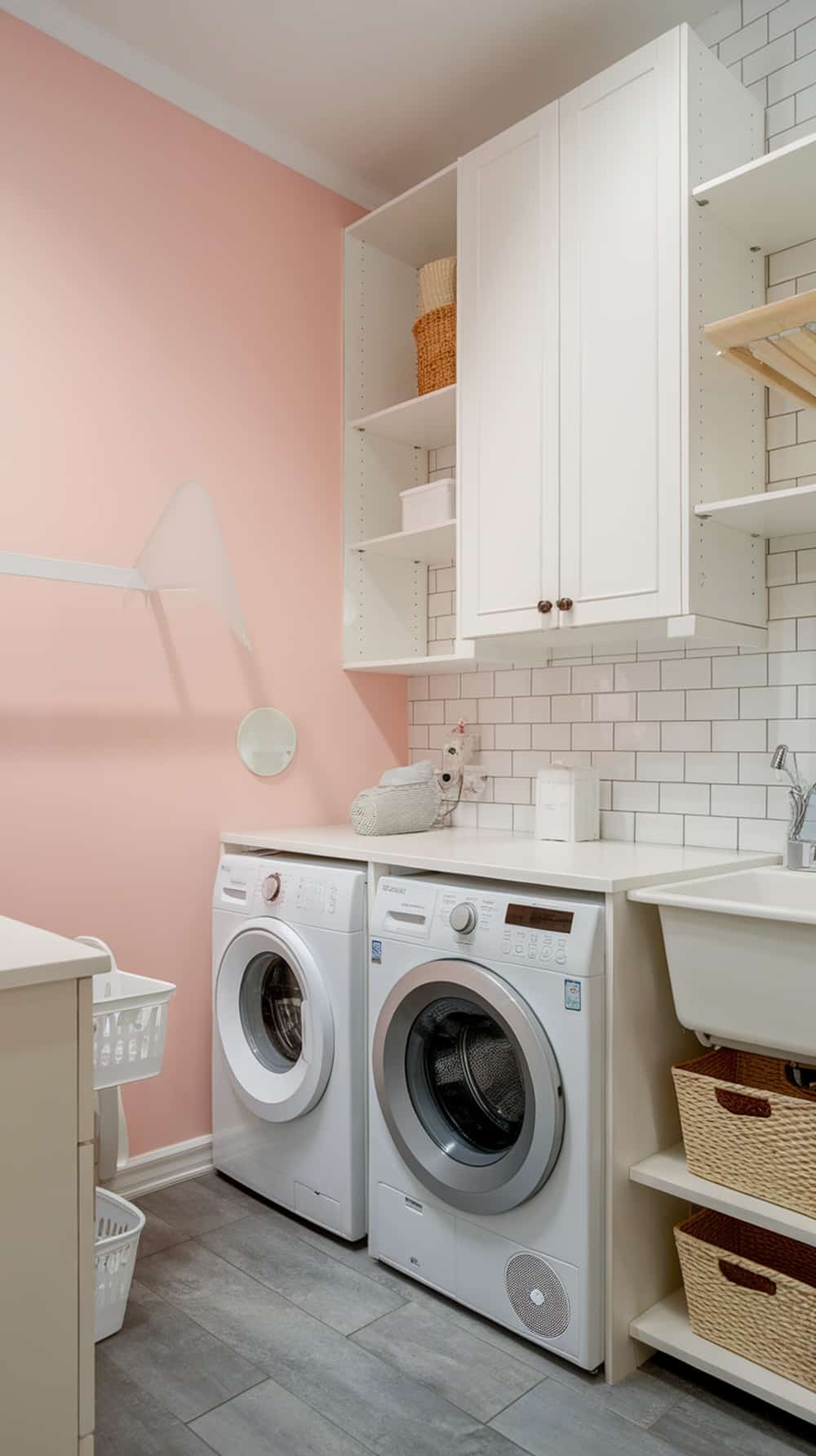 A laundry room featuring pastel pink accent walls, white cabinets, and modern appliances.