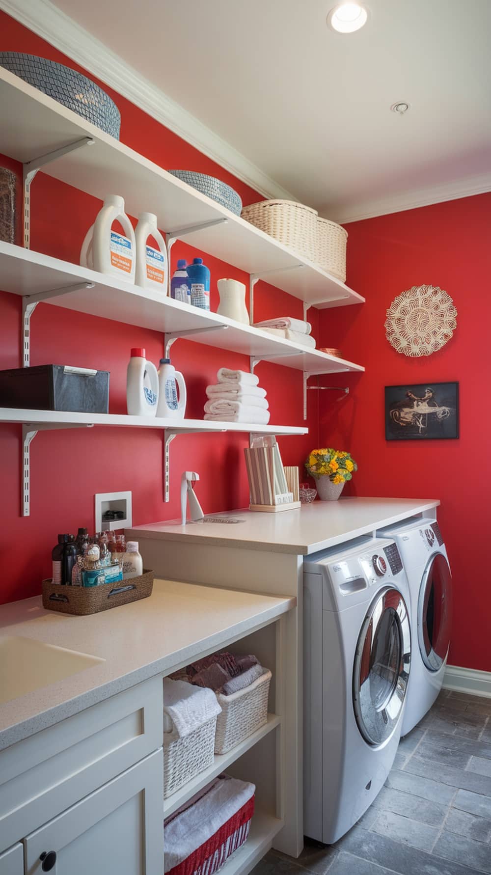 Laundry room with vibrant red accent wall, white appliances, and organized shelves