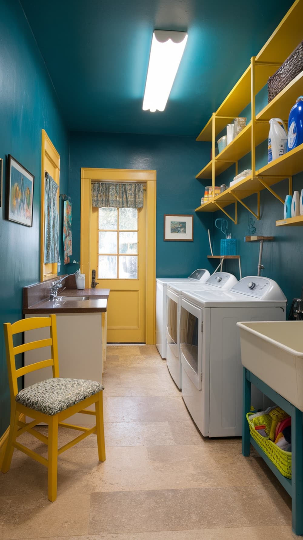 A laundry room with slate blue walls and bright yellow accents, featuring a yellow chair and open shelving.