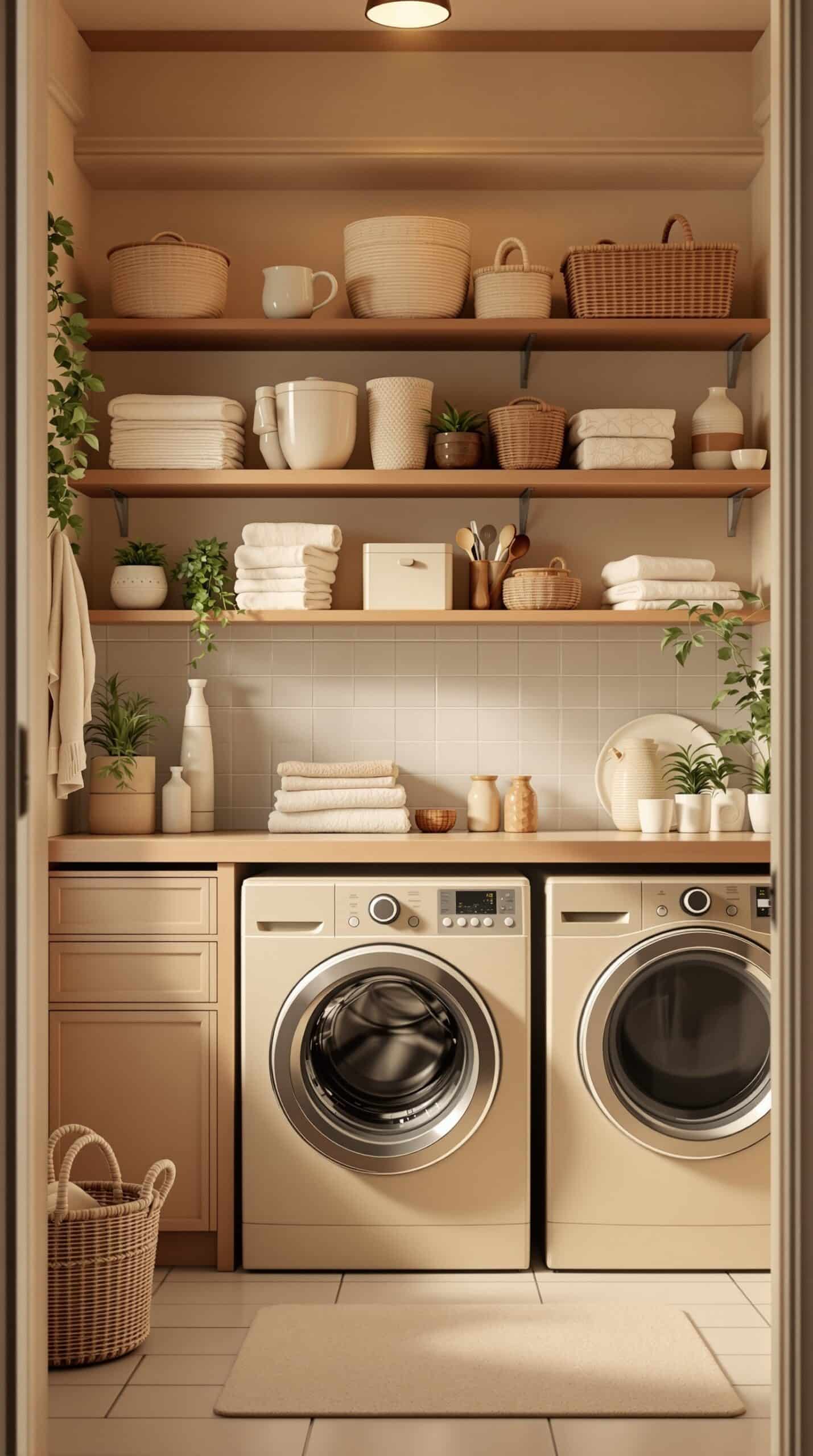 A cozy laundry room with a muted color palette featuring beige washing machines, wooden shelves with baskets, and plants.