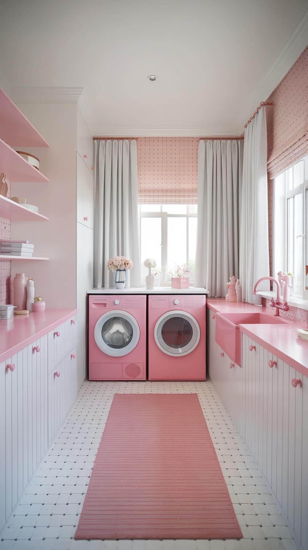 A bright laundry room with pink and white color scheme, featuring pink appliances, countertops, and decorative elements.
