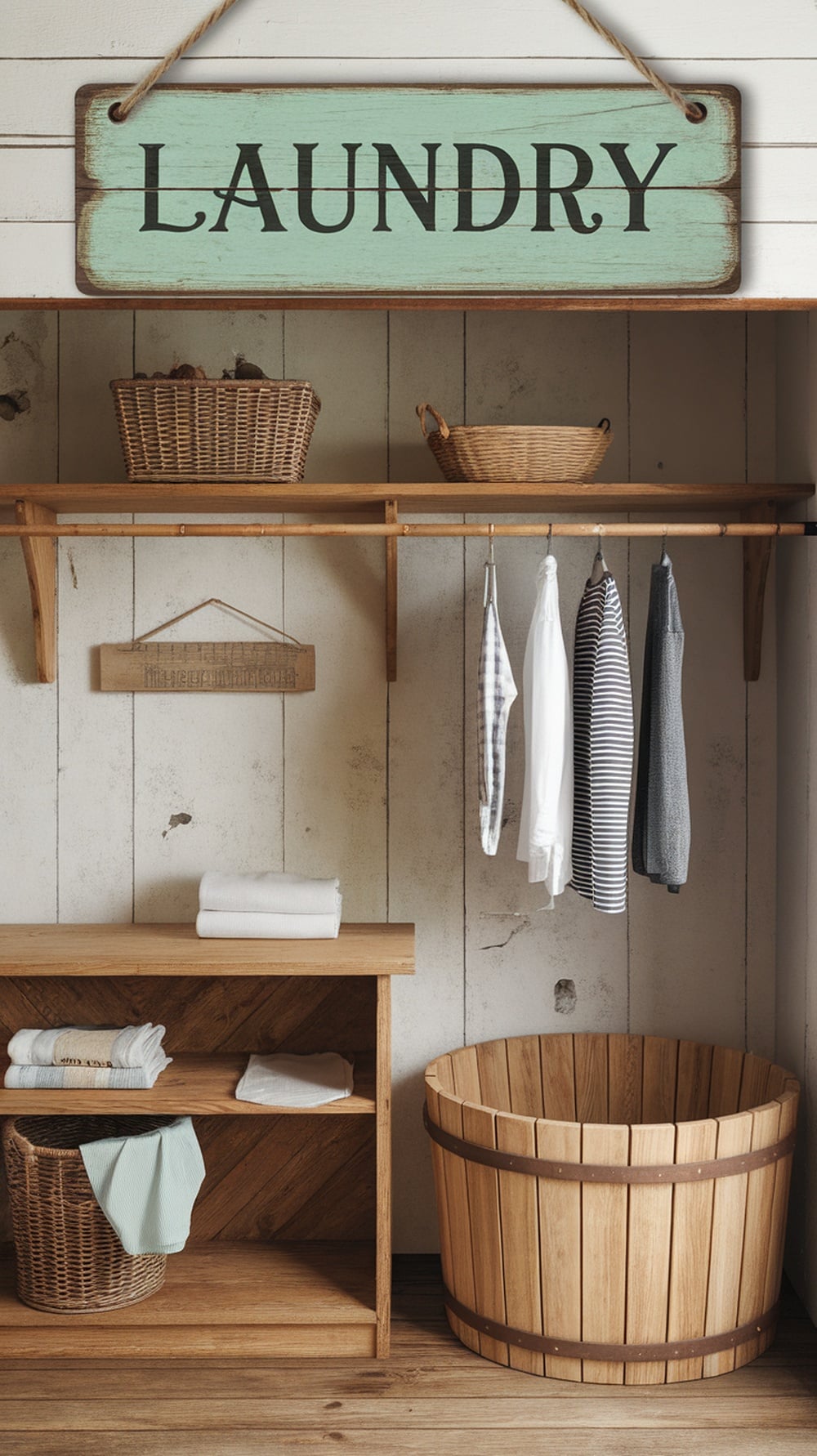 A vintage mint laundry sign hanging above wooden shelves with laundry baskets and clothes.