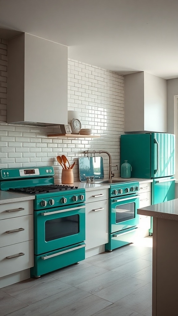 A modern kitchen featuring emerald green appliances, including a refrigerator and stove, set against white cabinetry and light flooring.