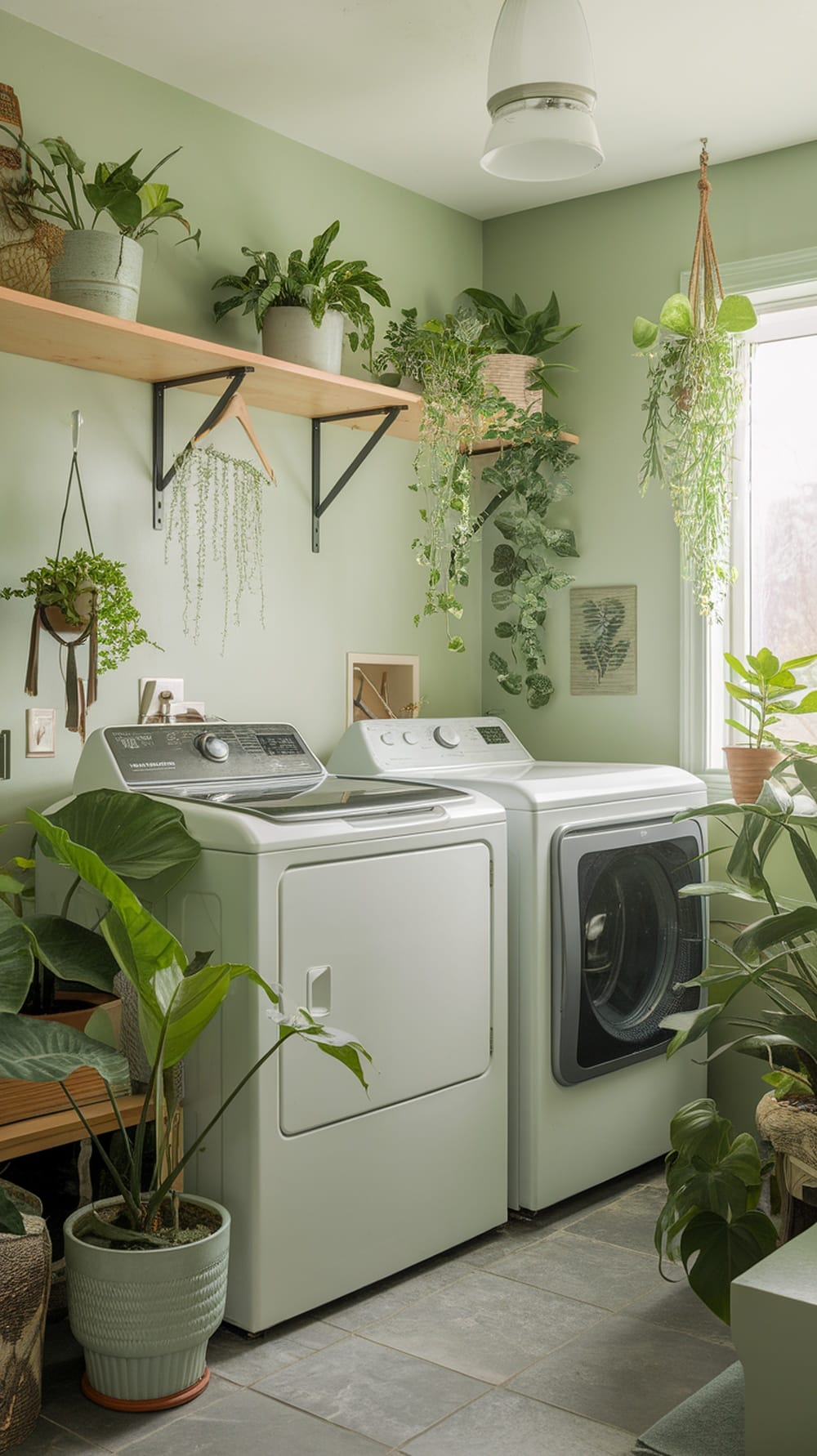 Bright sage green laundry room with plants and modern appliances