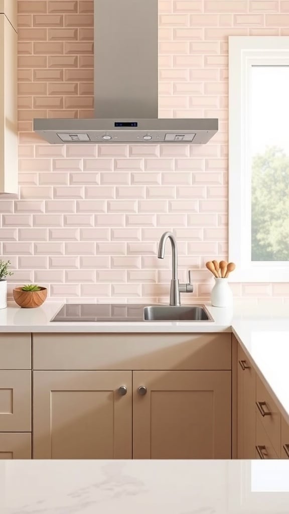 A kitchen featuring a soft blush pink tile backsplash with a stainless steel range hood and a modern sink.