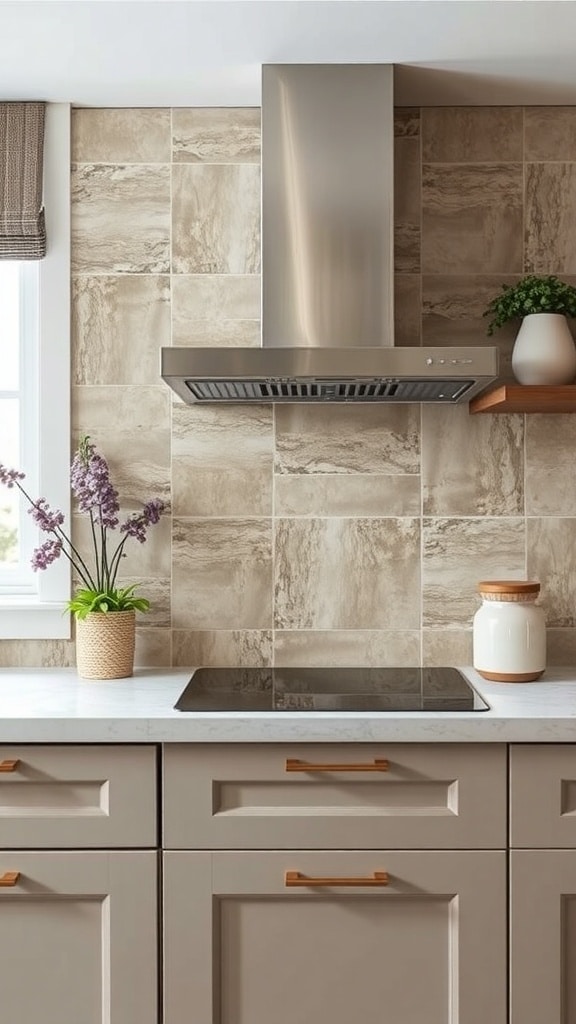 A kitchen with a textured taupe backsplash, modern appliances, and plants for decoration.