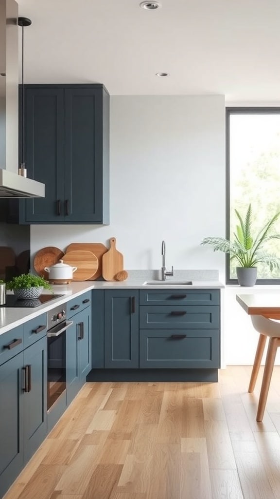 A modern kitchen featuring slate blue cabinets and light wooden flooring.