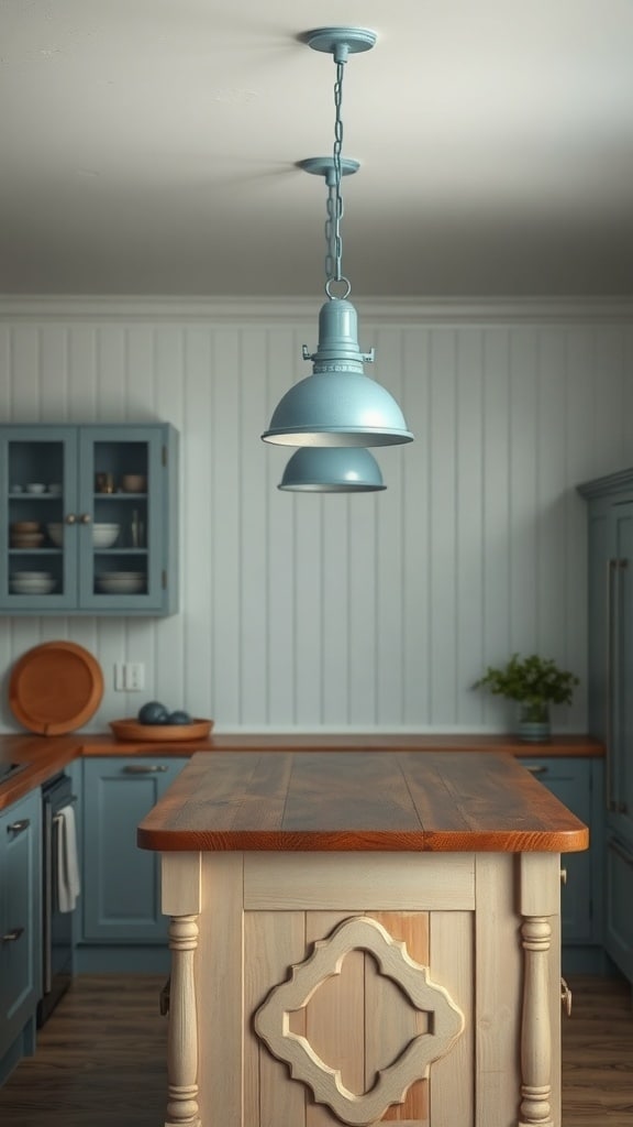 Dusty blue pendant light hanging over a wooden kitchen island