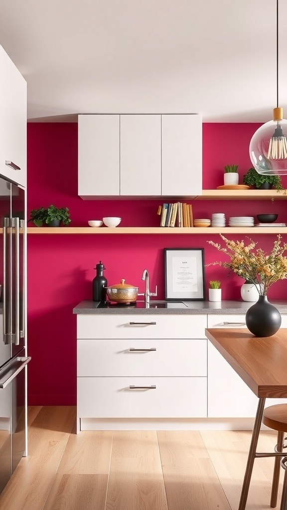 A modern kitchen featuring a bold dark pink accent wall, white cabinets, and wooden shelves.