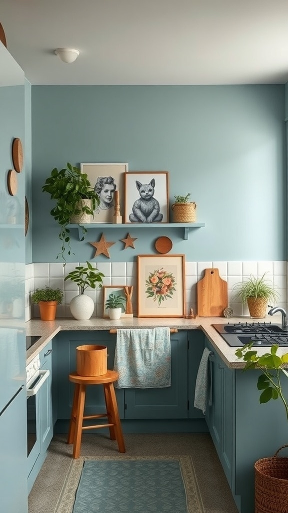 A cozy kitchen with dusty blue walls, wooden accents, and plants, showcasing artwork on shelves.