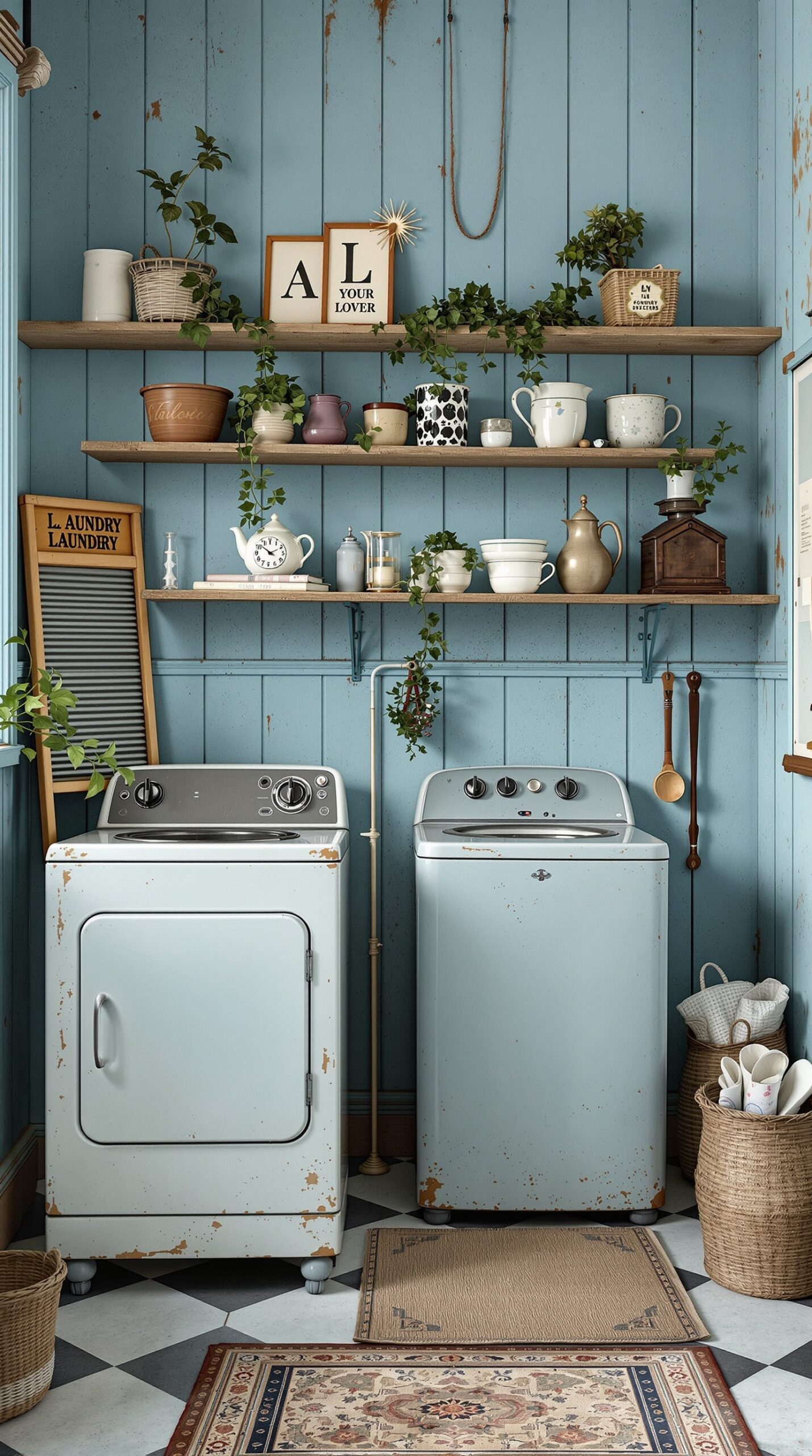 A vintage-inspired laundry room with dusty blue walls, retro appliances, and charming decor.