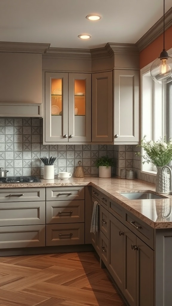 A taupe kitchen featuring natural stone elements, with taupe cabinetry, a textured stone backsplash, and warm wood flooring.