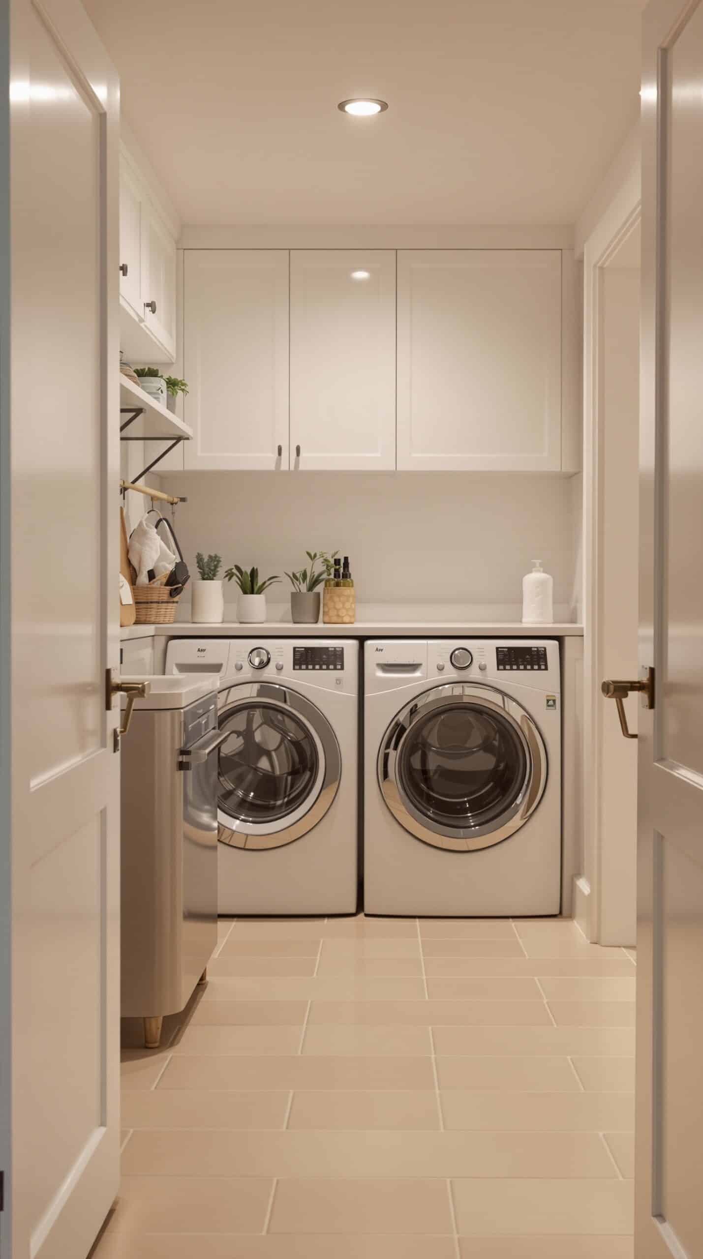 A cozy laundry room featuring beige tile flooring, modern appliances, and white cabinetry.