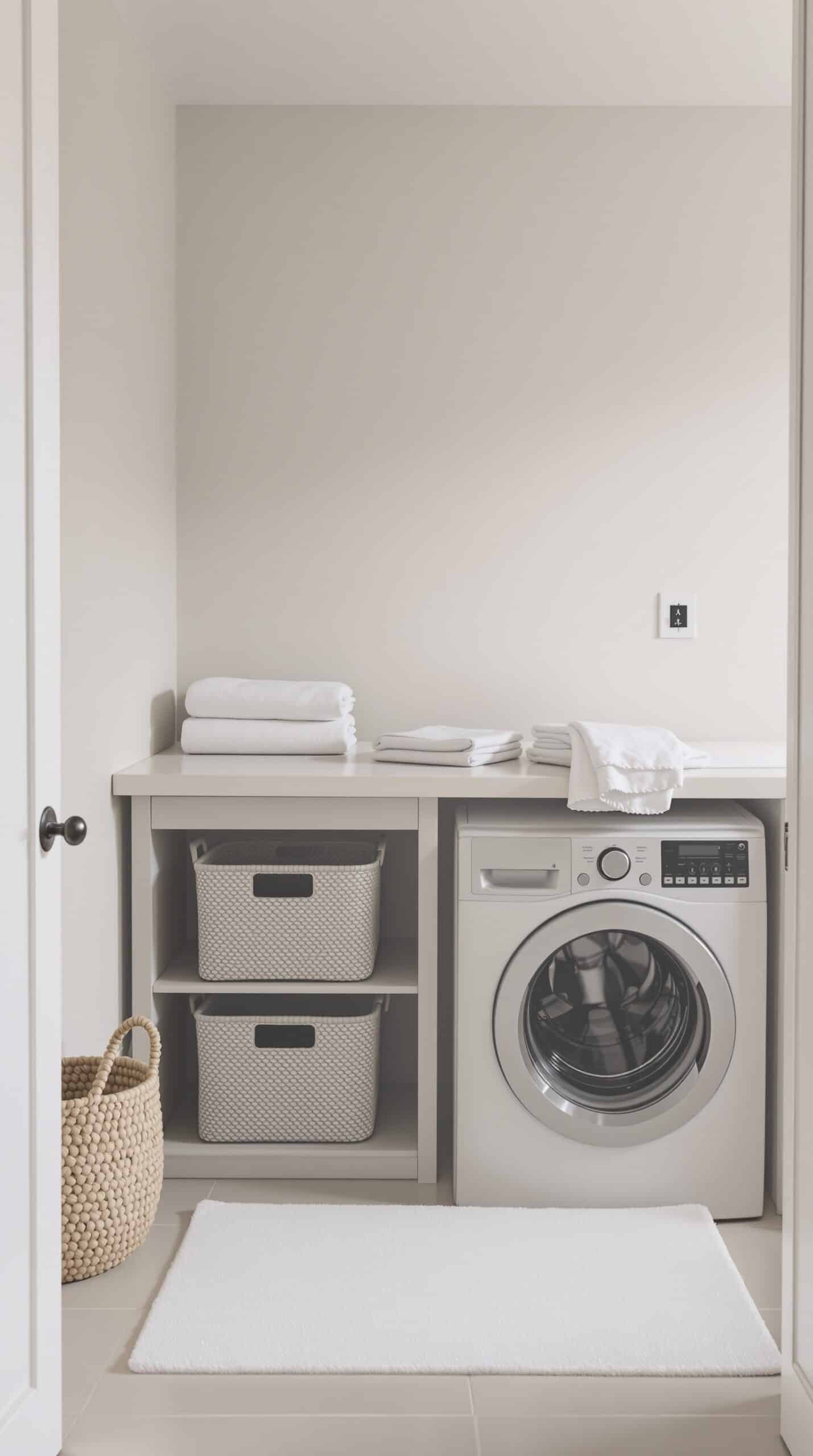 Minimalist laundry room with a functional folding station, featuring a countertop, neatly stacked towels, and storage baskets.