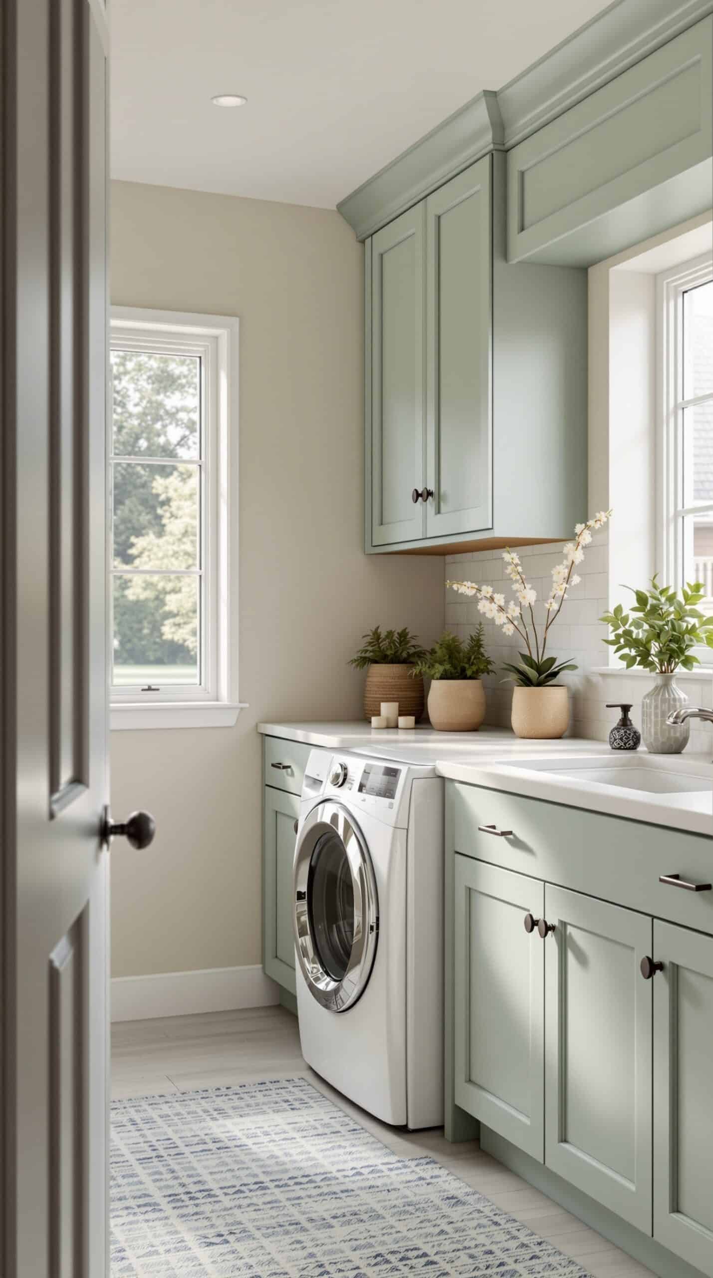 A laundry room featuring sage green cabinets, a washing machine, and decorative plants.