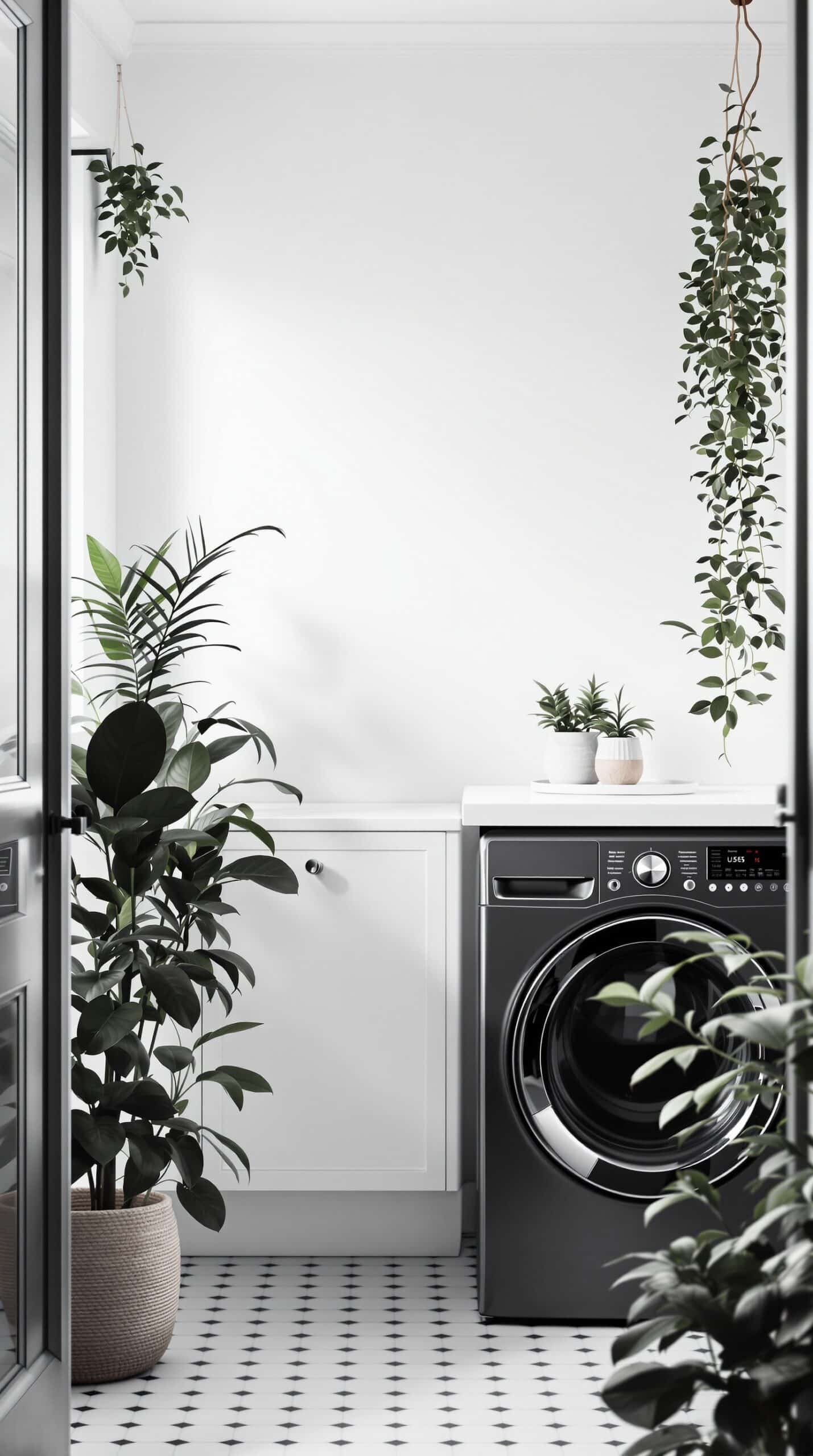 Minimalist laundry room with black and white decor and various plants.