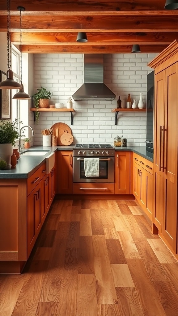 A warm kitchen featuring rust orange wooden flooring, wooden cabinets, and a modern stove.