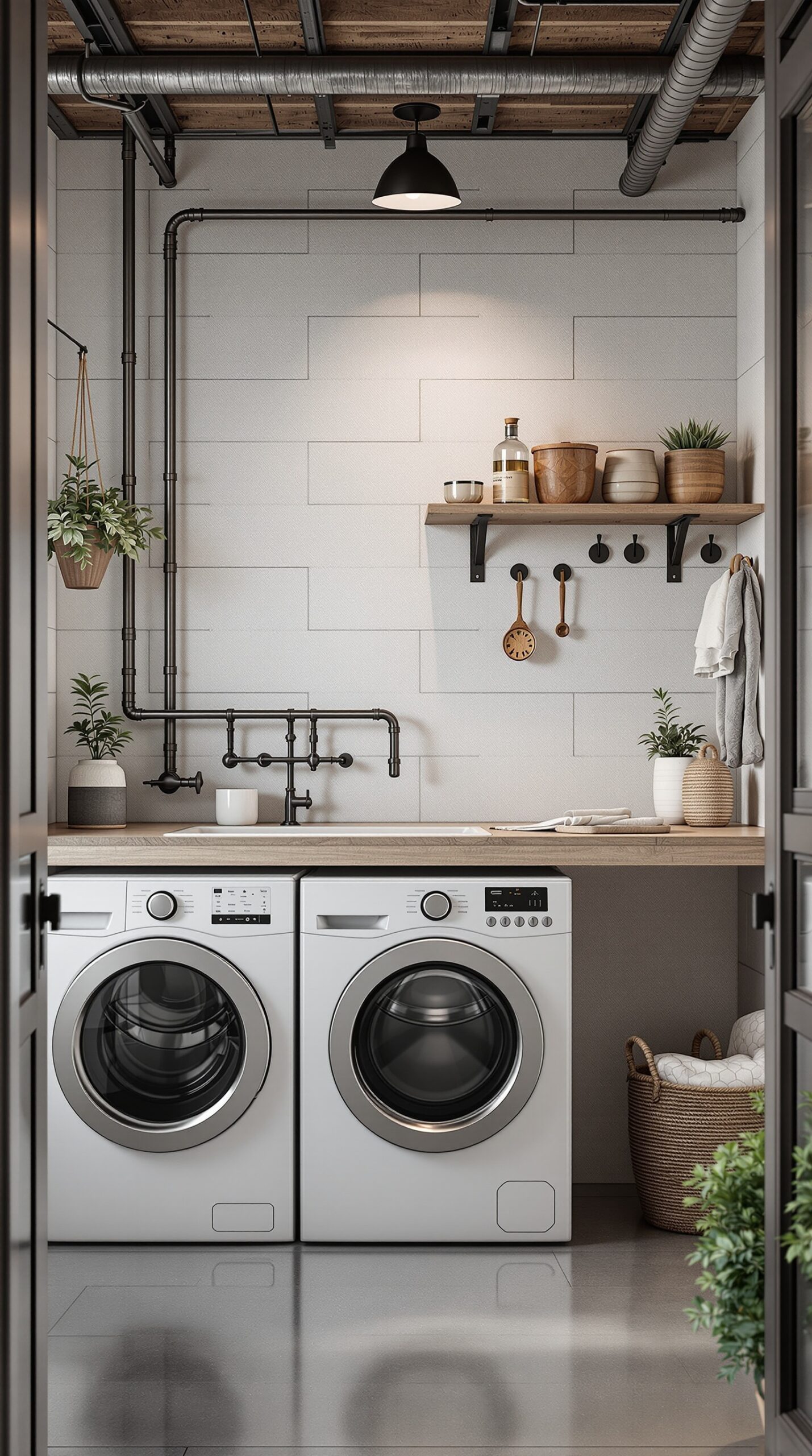 A modern industrial-style laundry room featuring exposed pipes, a wooden countertop, and plants.