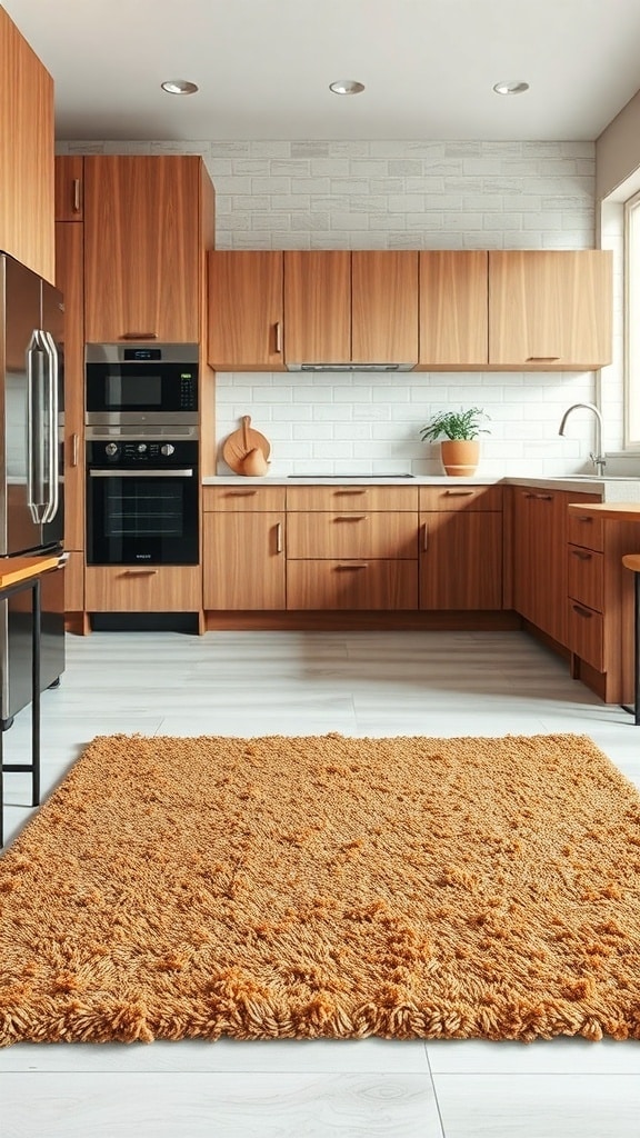 A cozy kitchen featuring a textured caramel rug on the floor, complemented by wooden cabinetry and a light wall.