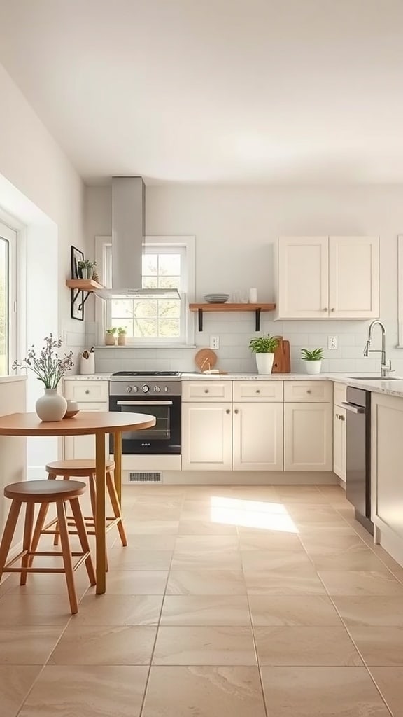 A bright kitchen featuring beige tile flooring, light cabinets, and a small wooden table.