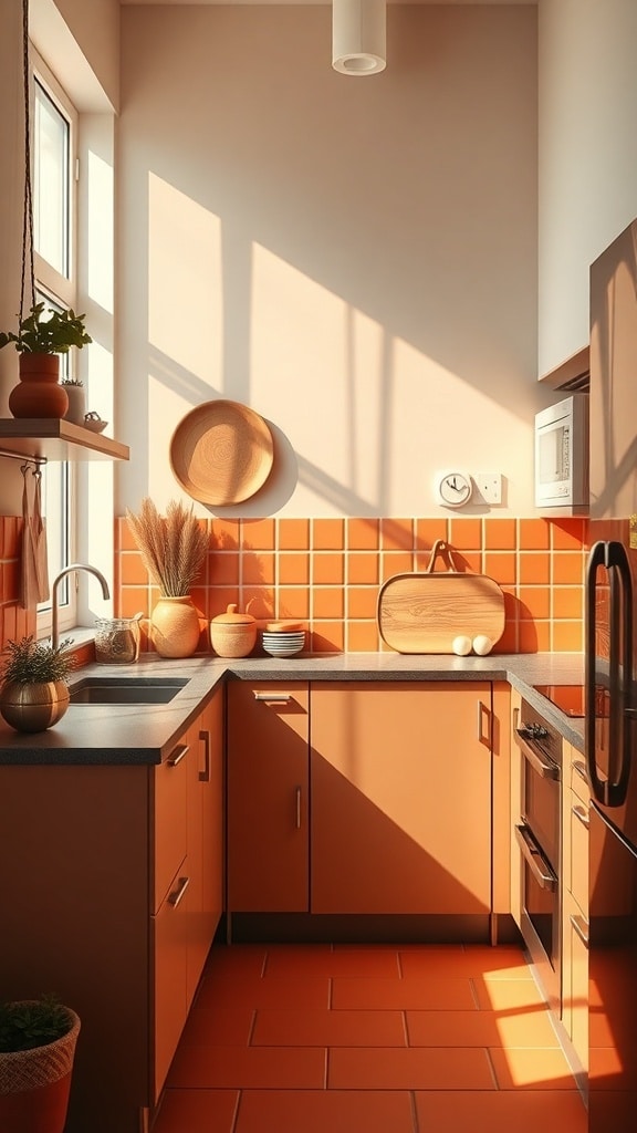 A modern kitchen featuring warm terracotta accents, showcasing terracotta tiles, wooden decor, and sunlight streaming through the window.