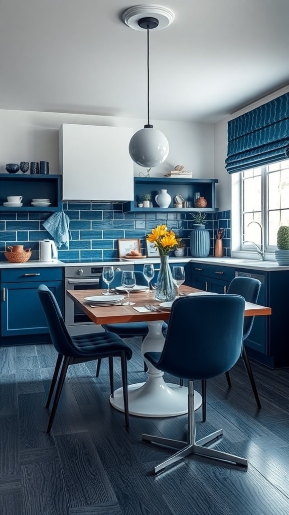 Indigo dining area with blue cabinetry, round table, and stylish chairs