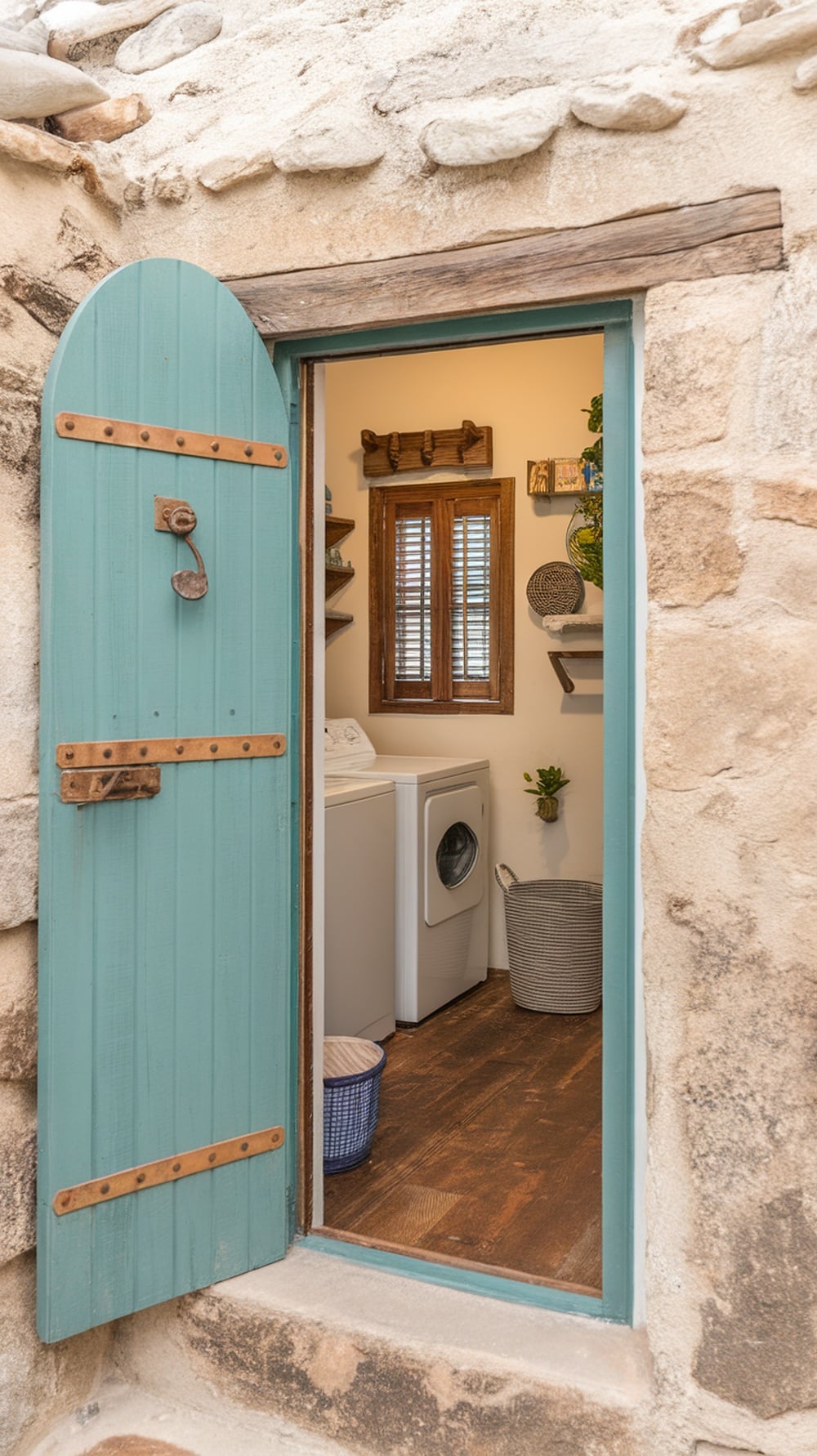 Teal door with rustic hardware leading into a cozy laundry room