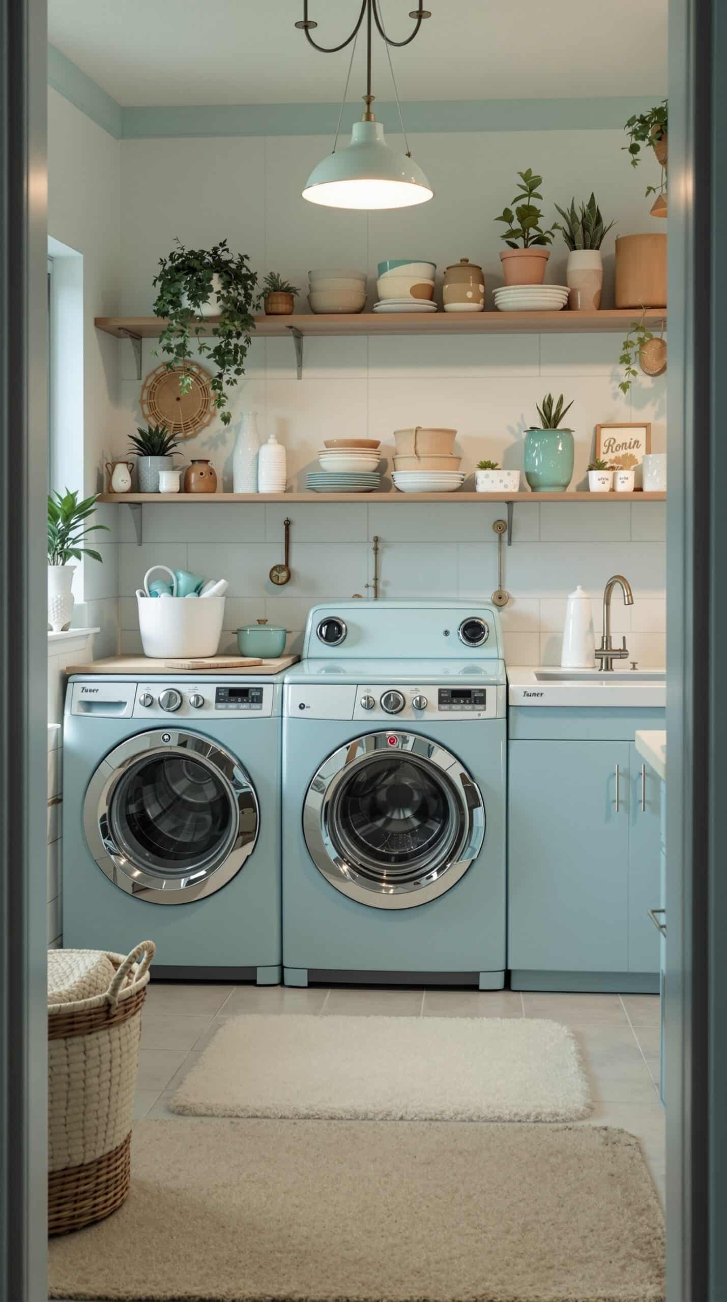 A vintage light blue laundry room with matching appliances, plants, and decorative items.
