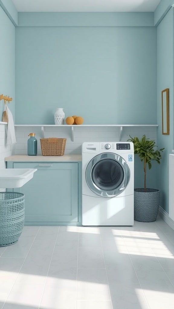 A serene laundry room featuring soft blue pastel shades on the walls and cabinetry, with white appliances and natural light.