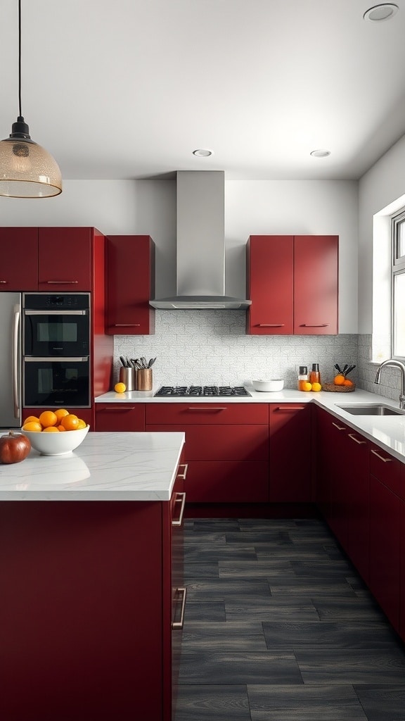 Modern kitchen featuring burgundy cabinets and gray accents