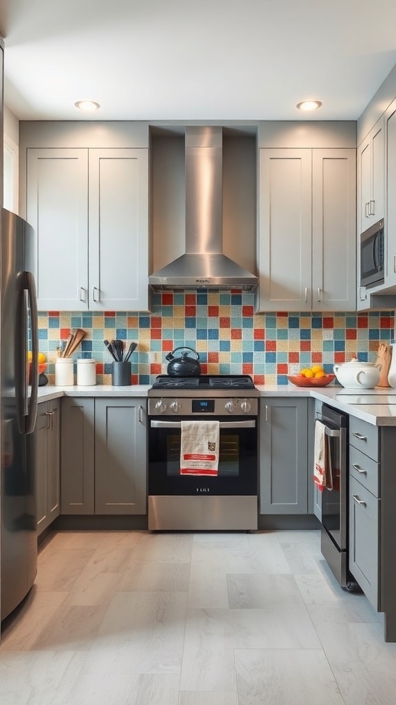 Modern kitchen with gray cabinets and colorful tile backsplash