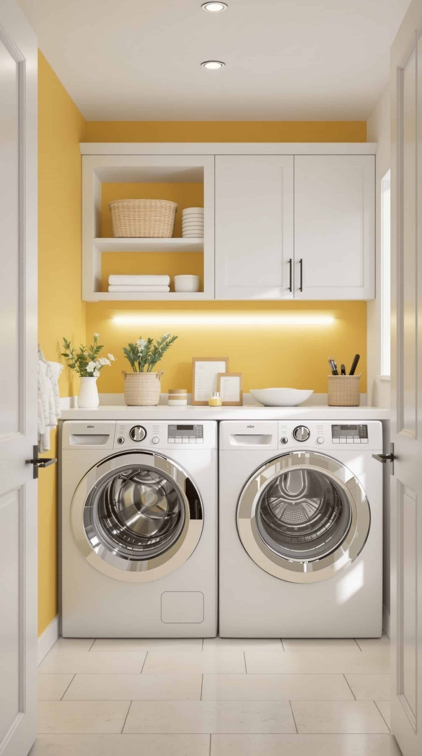 Laundry room featuring mustard yellow walls and white appliances