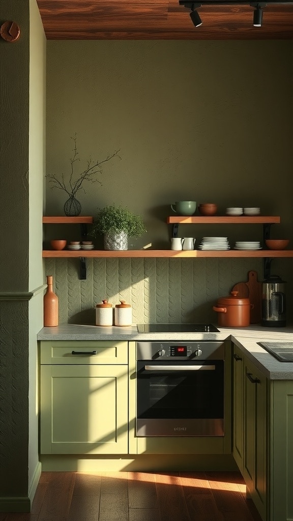 A modern kitchen featuring textured olive green walls, wooden shelves, and warm decor.