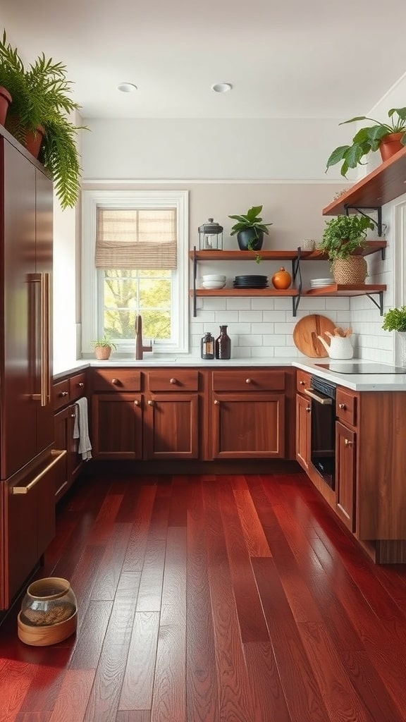 A kitchen featuring burgundy hardwood flooring, wooden cabinets, and potted plants.