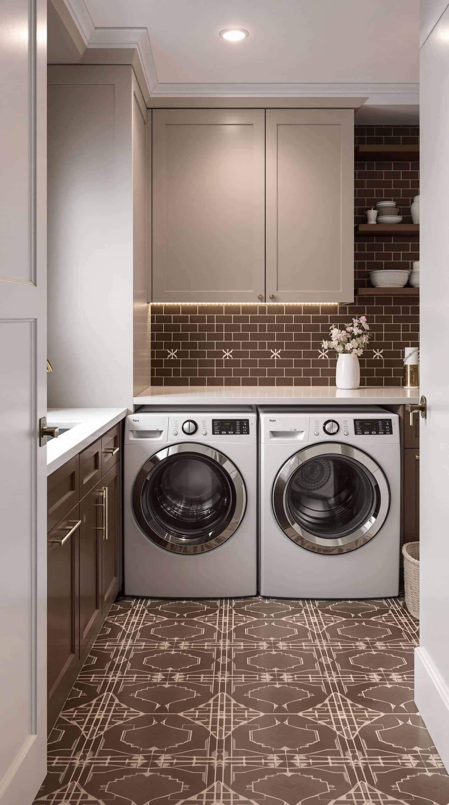 A stylish laundry room featuring chocolate-inspired tile designs, with rich brown tiles and modern appliances.